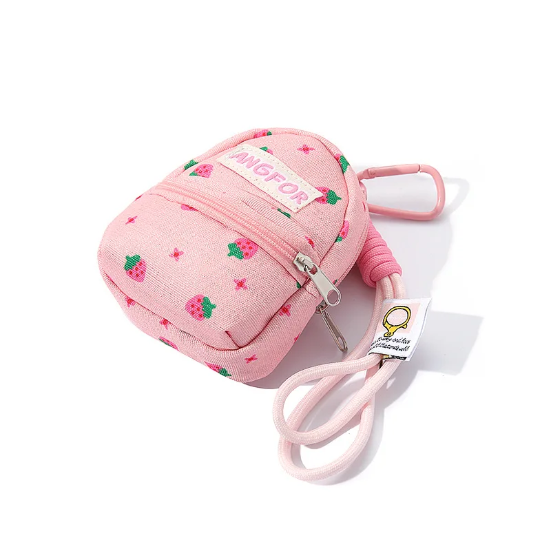 

Mini Pink Strawberry Printed Coin Purse Backpack Pendant Anti Loss Key Chain Wallet Portable Multifunctional Earphone Phone Bag