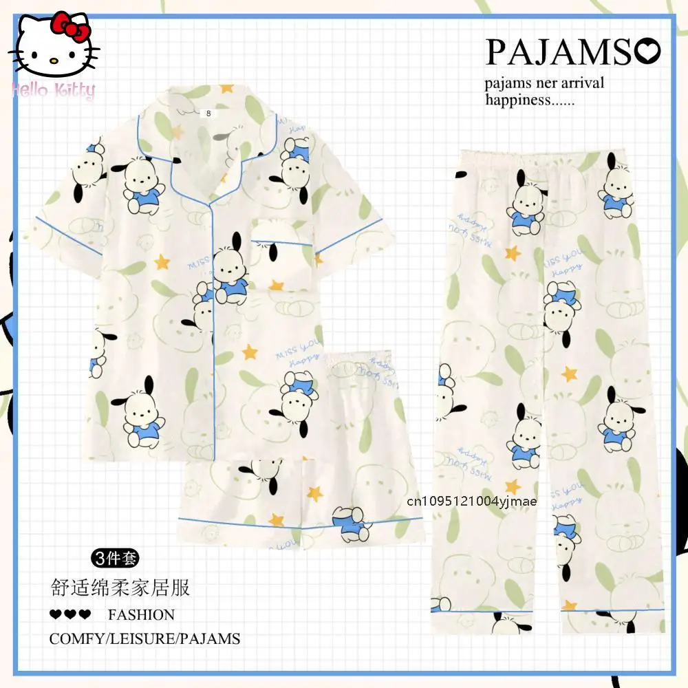 

3Pcs Hello Kitty Kuromi Cinnamoroll Children Pajama Sets Cartoon Anime Sanrio Lapel Short Sleeve T-Shirt Tops Pants Girl Pijamas