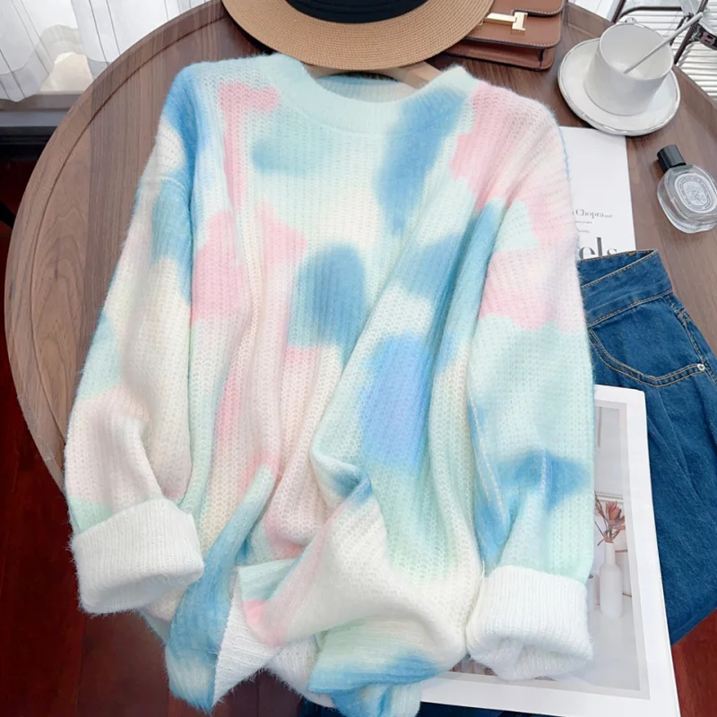 Tie Dye Blue Cashmere Women's Clothing Round Neck Korean Knitting Sweater Long Sleeves Vintage Casual Autumn Baggy Female Tops