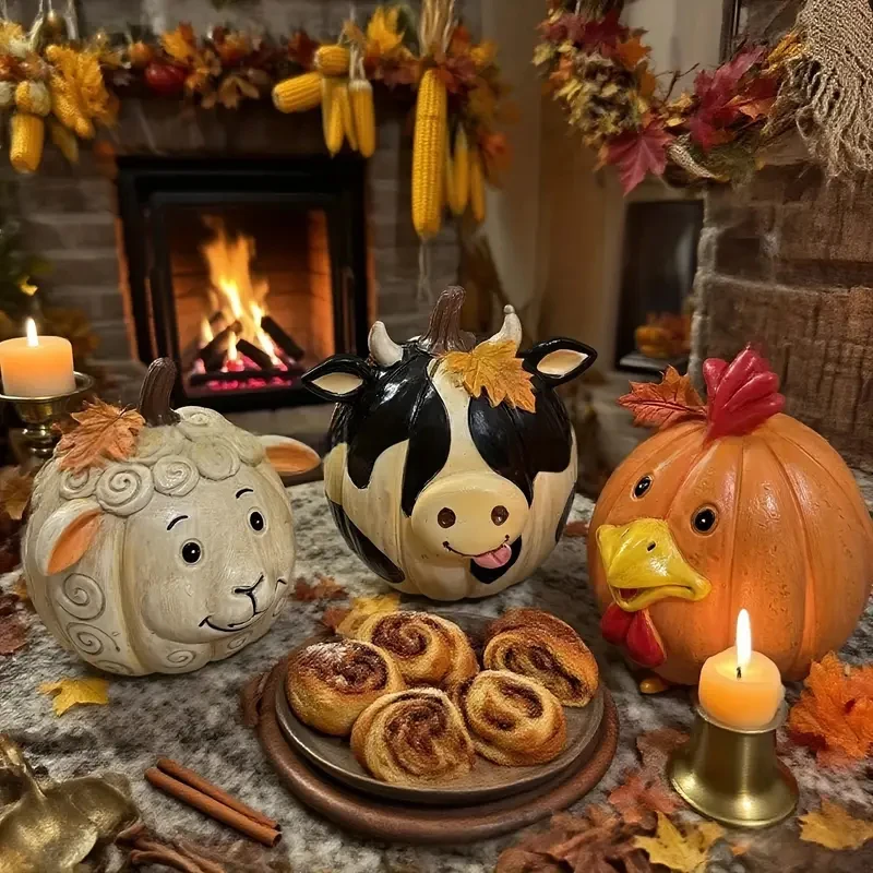

Autumn Farm Animal Pumpkin Figurines Resin Sculptures for Harvest Season Home Decor Halloween and Fall Celebrations