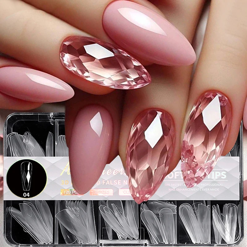3D Diamond-shaped Flase Nail Extension 120PCS Almond Ballet Coffin Transparent Press on Nails Full Cover Soft Nail Tips Manicure