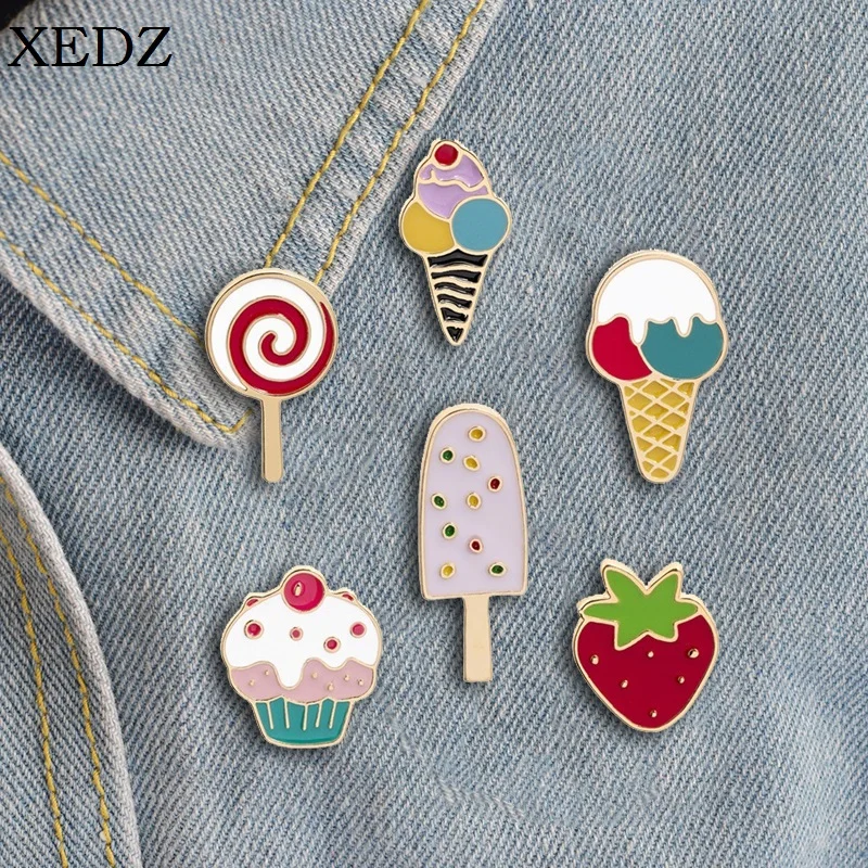 Strawberry Ice Cream Mini Enamel Pin Lollipop Cake Metal Brooch Denim Backpack Lapel Badge Jewelry Gifts for Friends & Kids