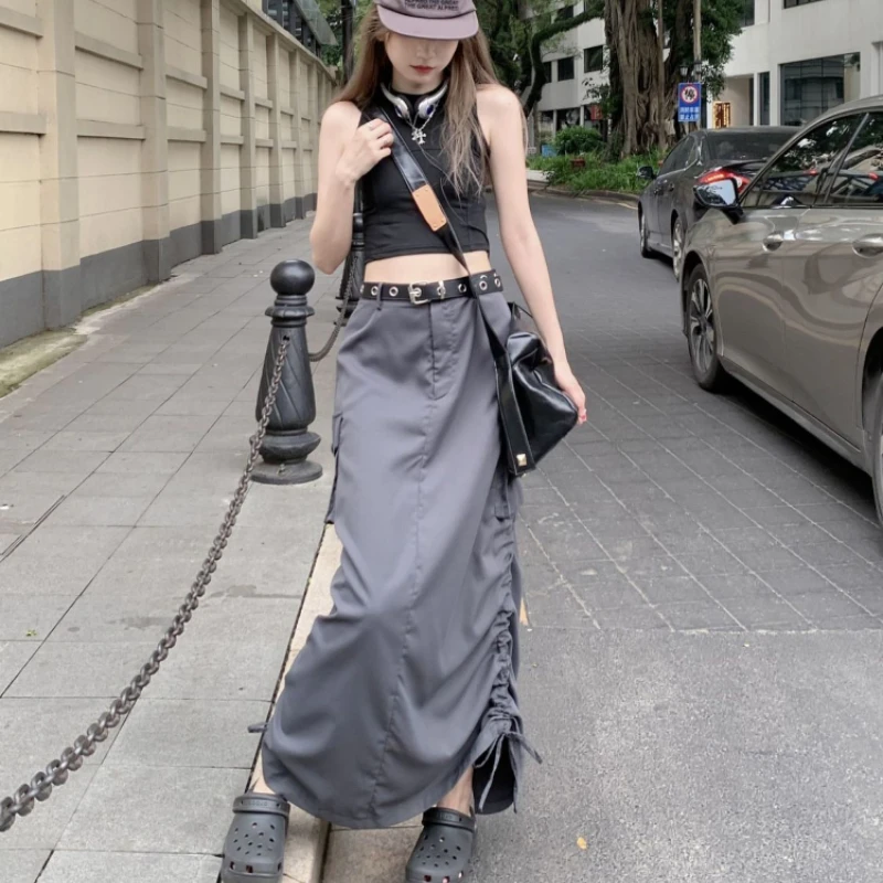 High Waist Basic Skirt Split Cargo Skirts Fashion Korean Drawstring Women Gray Street Lady Harajuku Gothic Women\'s Clothing