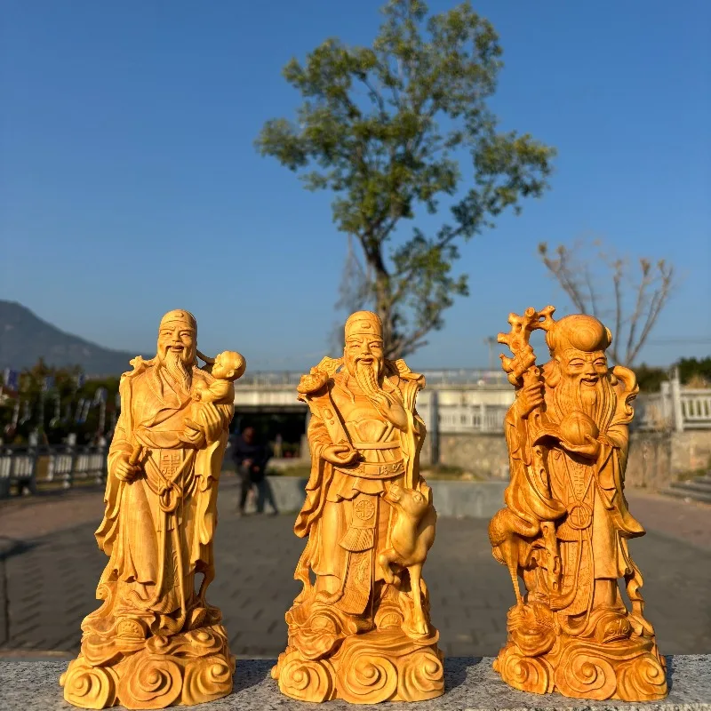 Hand-Carved Boxwood Fuk Luk Sau Statues - 7.87