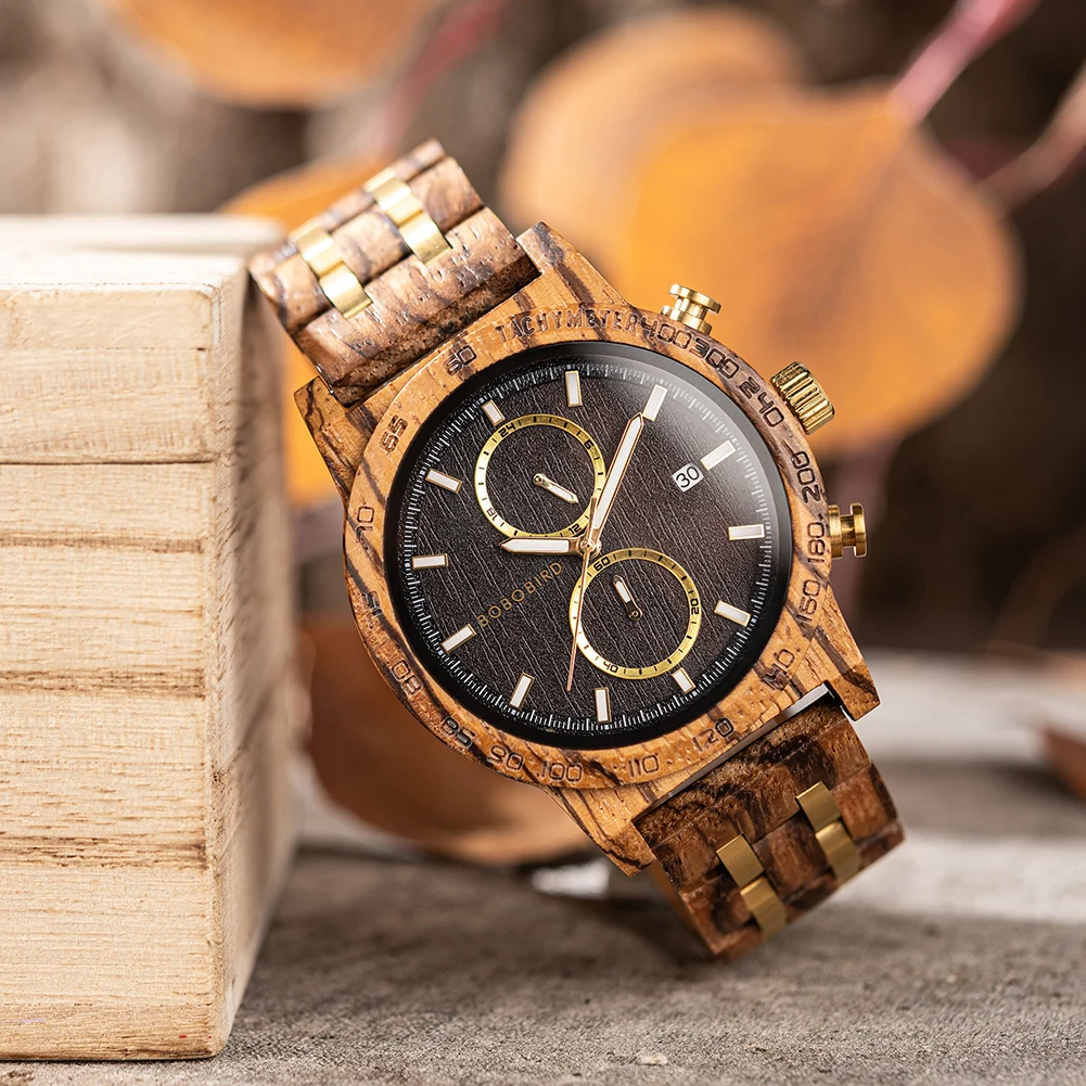 Men\'s Wooden Watch Stylish BOBO BIRD Chronograph Military Quartz Wrist Watch 2 Sub-dials Handmade Casual Light Luminous Watch