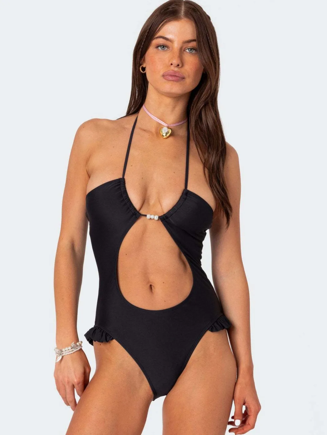 2025 Summer Solid One-Piece Bikini Sexy Tie-Front Triangle Backless Swimsuit Women's Tight Bathing Suit Women Swim Bodysuit New