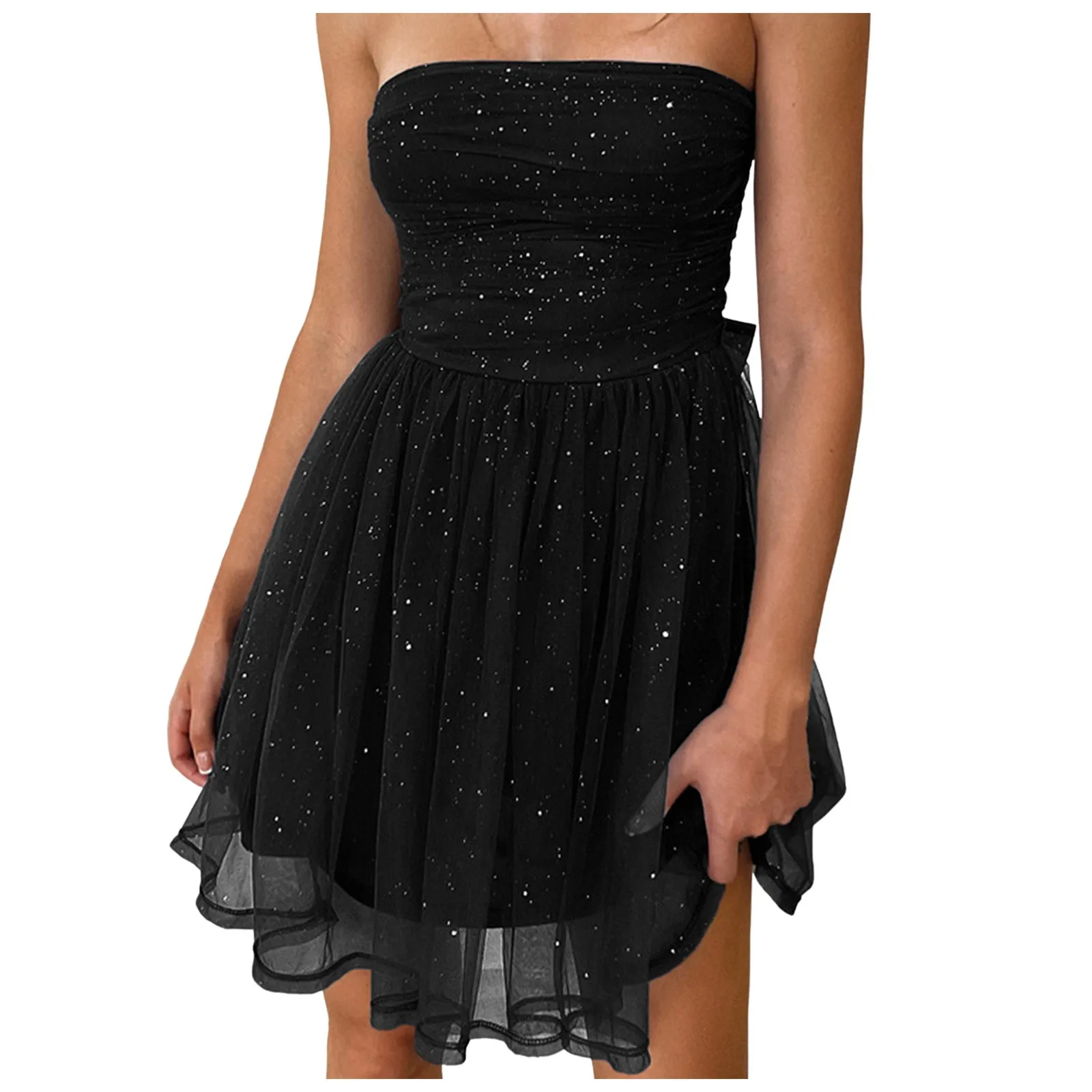 Strapless Smocked Homecoming Dresses For Teens Sparkly Tulle Mini Prom Cocktail Party Gowns With Bow Tuller Evening Formal Dress