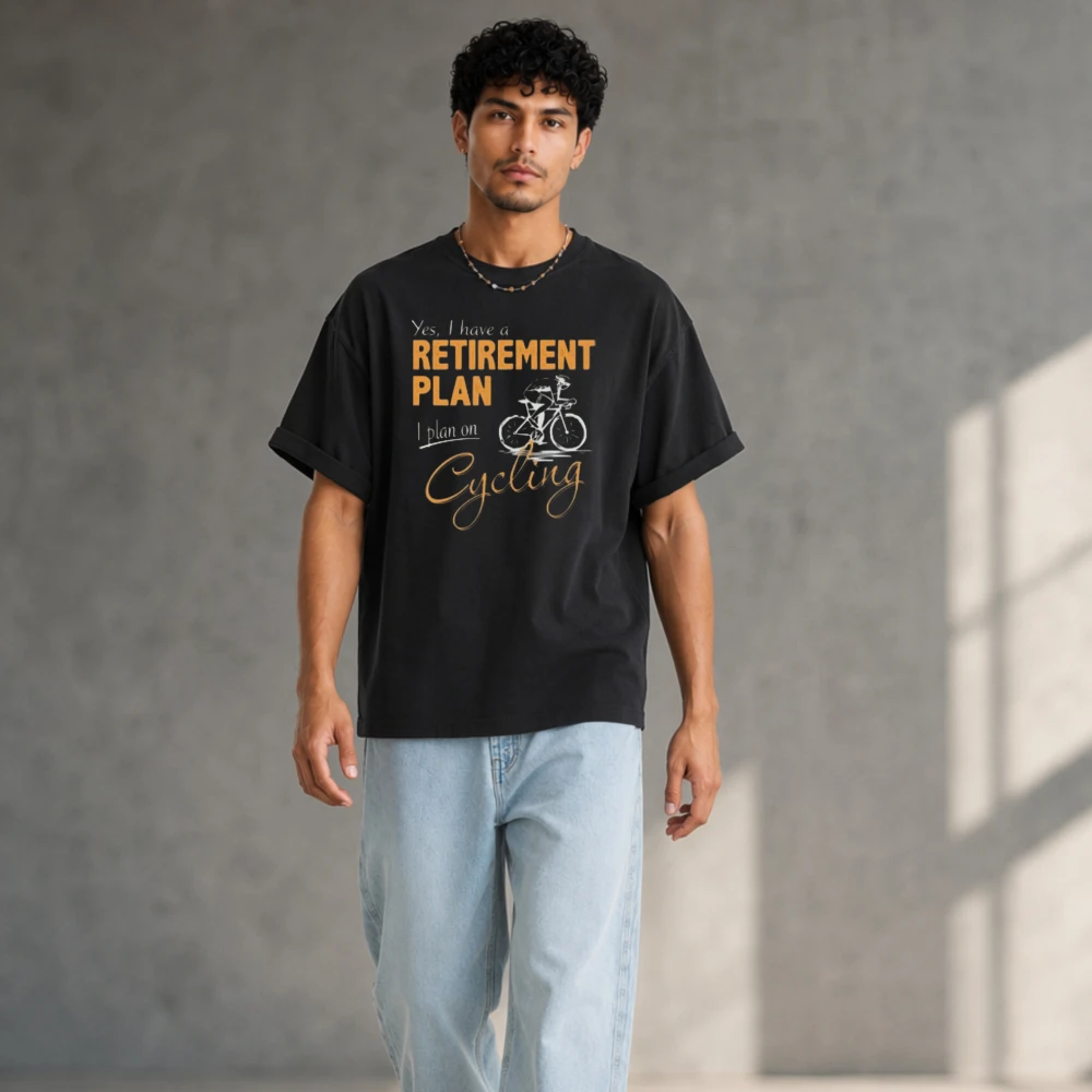 Retirement Plan Cycling Vintage Font Biker Graphic Men Cotton T-shirt Funny Cyclist Quote Short Sleeve Unisex Black Casual Tees