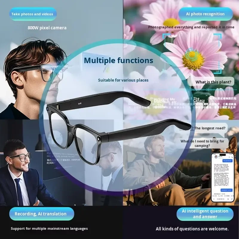 2026 New AI Smart Glasses 800W Pixel Anti-Shake Touch+Button Control Magnetic Charging Real-Time Translation