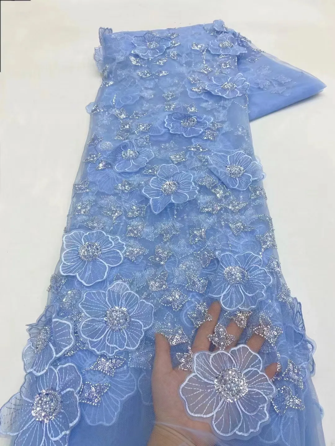 

New Arrival French Popular Embrordered 3D Flower Lace Elegant Beaded Afirca Mesh Fabric Lace With Sequins Party Evening Dress