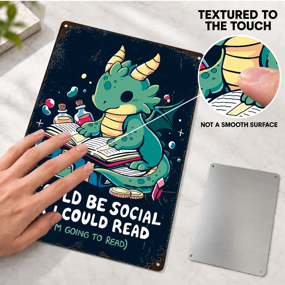 Cute Dragon Reading Books Aluminum Poster Personalized Metal Sign Vector Illustration Wall Art For Home Office Book Lover Gift