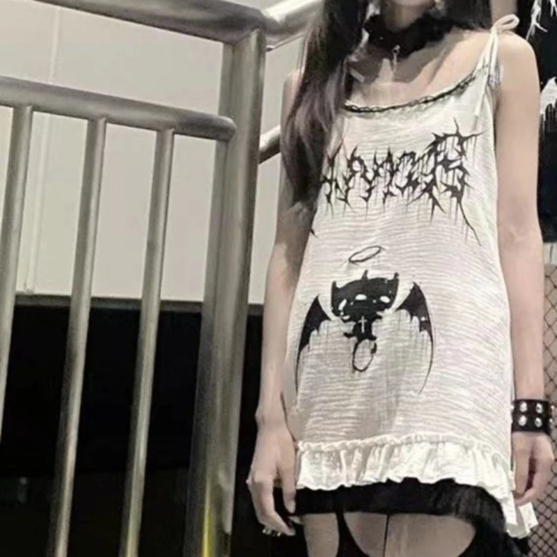 Pure Sex Style Subculture Punk Millennial Spice Girl Niche Dress Gothic Sleeveless Sexy Lace Slip Dress Demon Girl Cute