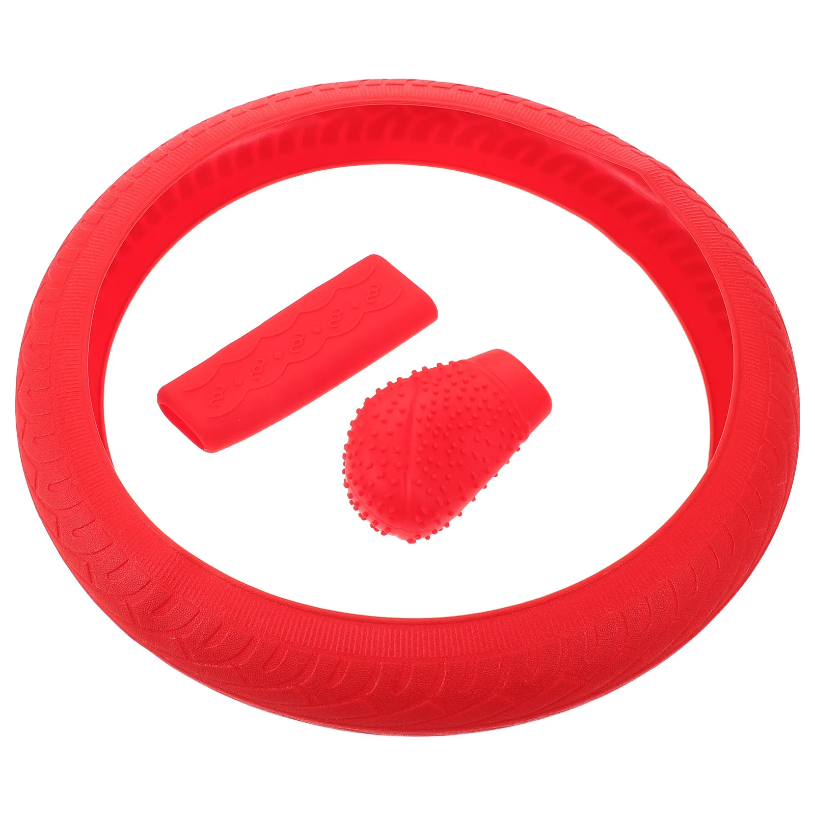 3Set Steering Wheel Cover Silicone Anti-Slip Red Car Interior Upgrade Daily Driving Gear Shift Handbrake Sleeve Protective Set
