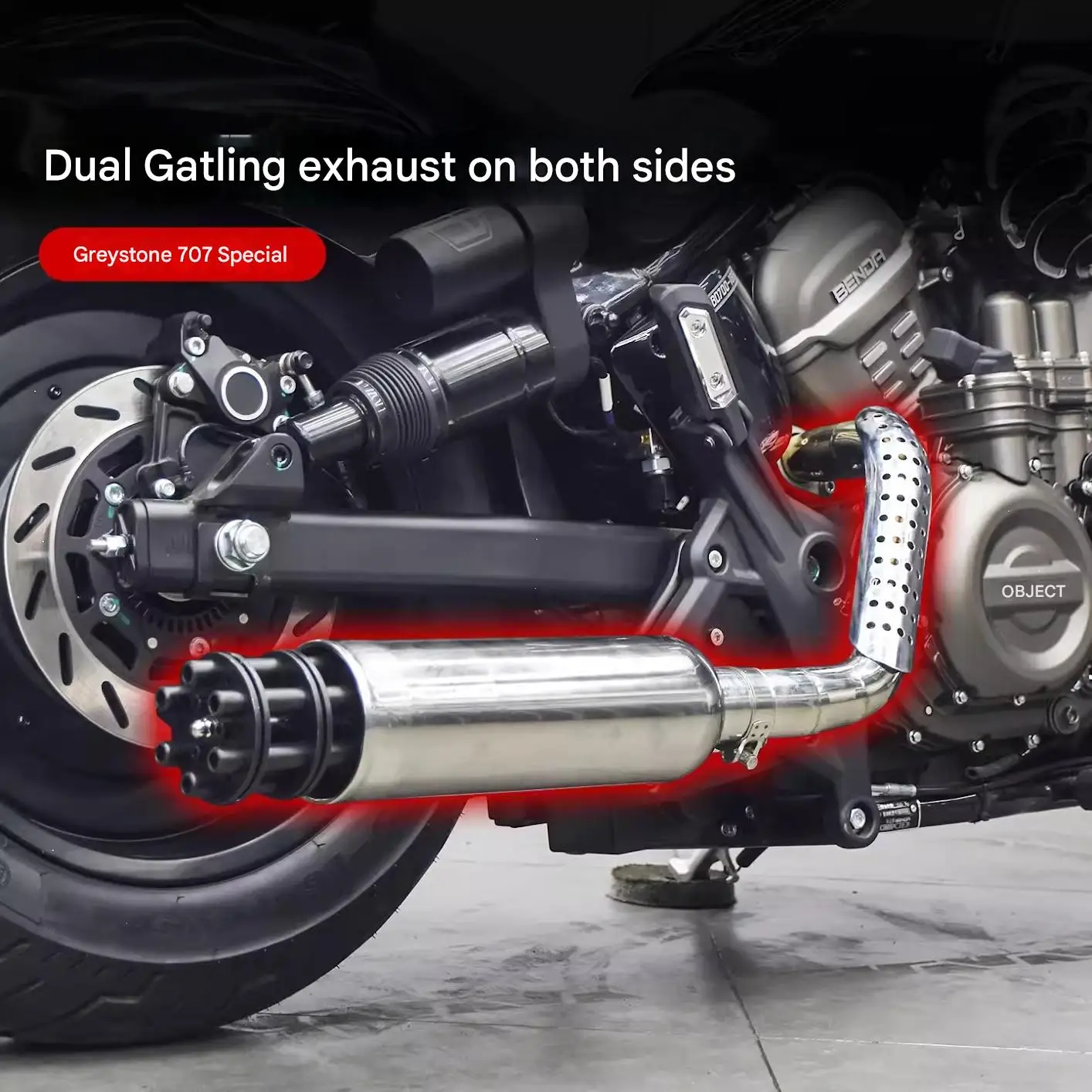 For Benda Rock 707, we offer a retro dual-exhaust Gatling exhaust system with a full-length sound enhancement accessory.