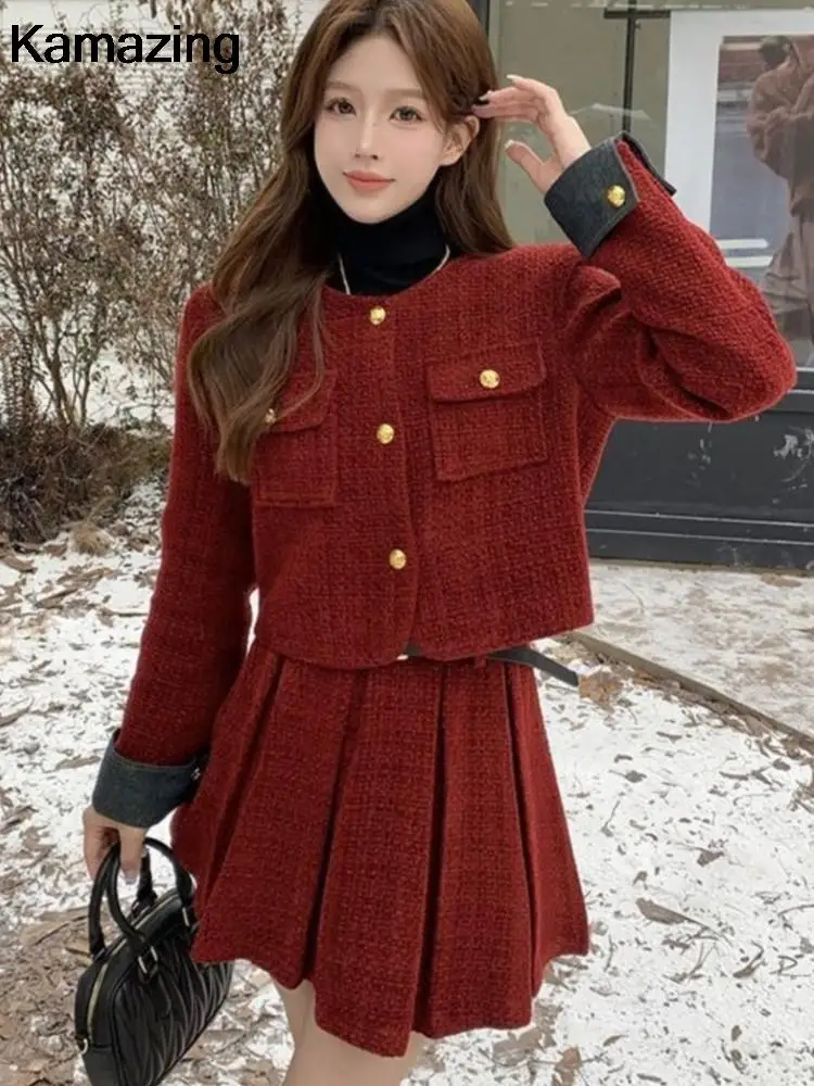 Conjunto de dos piezas de Tweed rojo para mujer, Chaqueta corta, abrigo, minifalda plisada, moda coreana, trajes femeninos elegantes, otoño e invierno, nuevo