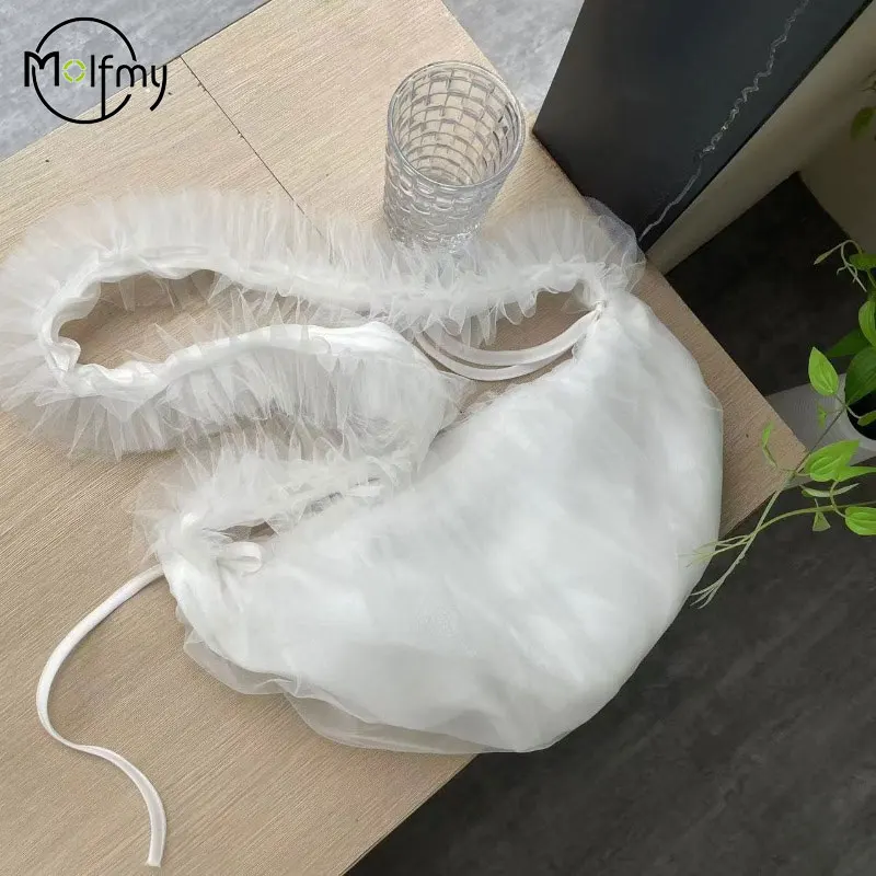 Crossbody Bag Drawstring Design Mesh Tote Bags Sweet Polyester Lace Shoulder Handbag Dumpling Shape Pleated Underarm Shopping