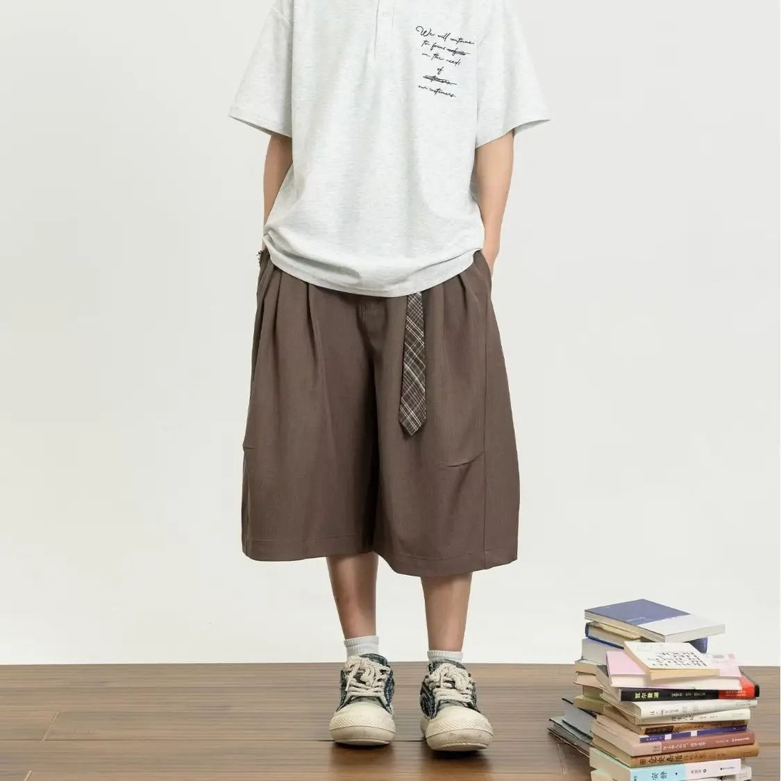 Men's Commuting Style Retro Shorts Cropped Pants Summer Cool Boy Wide Leg Casual Bottom Male High Waist Calf-length Trousers