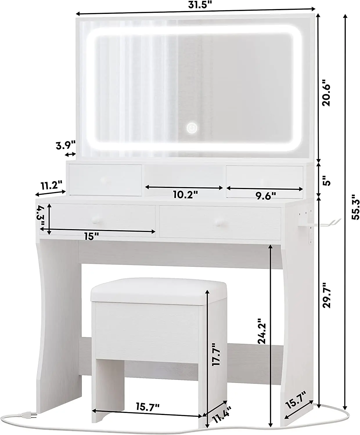 LIKIMIO Vanity Desk with LED Lighted Mirror & Power Outlet & 4 Drawers, Dressing Makeup Table Set with Storage Stool and Hair Dr