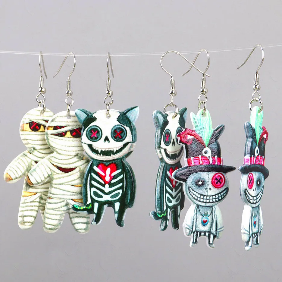 New Mummy Skeleton Cat Acrylic Halloween Earrings Gothic Bloody Skull Heart Lollipop Drop Earring All Saints' Day Jewelry Gifts