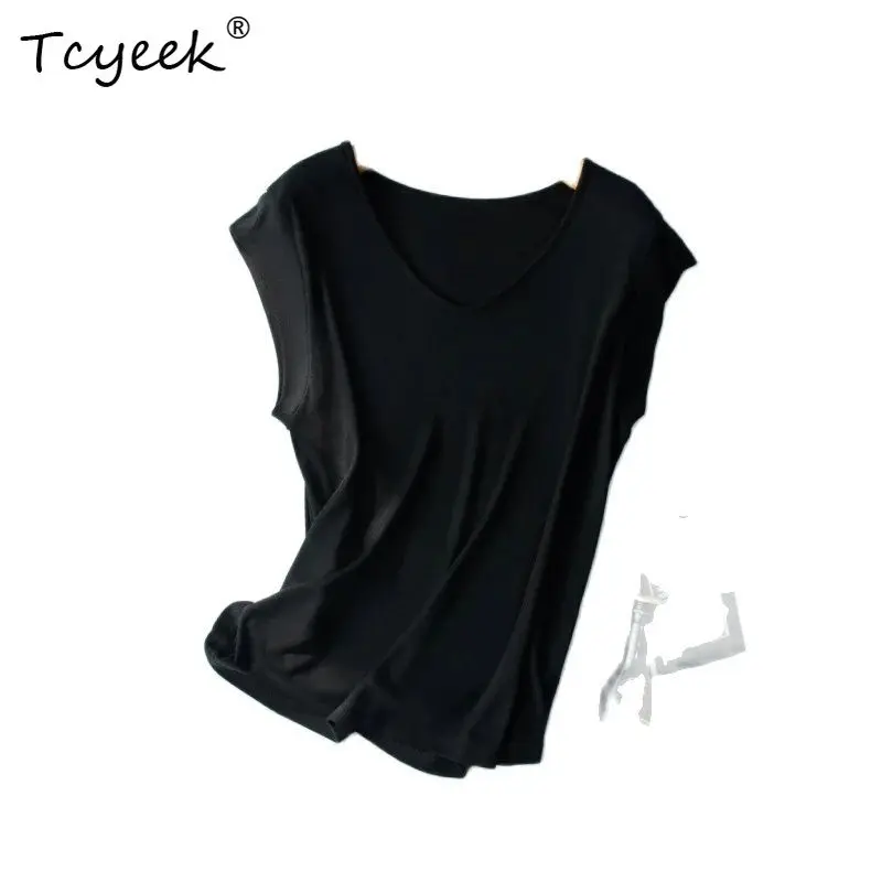 

Tcyeek, 6.4%Natural Silk Elegant T-Shirt, Women V Neck Short Sleeve, Fashion Thin Versatile Tee, 2024 Summer Fall T46535QC