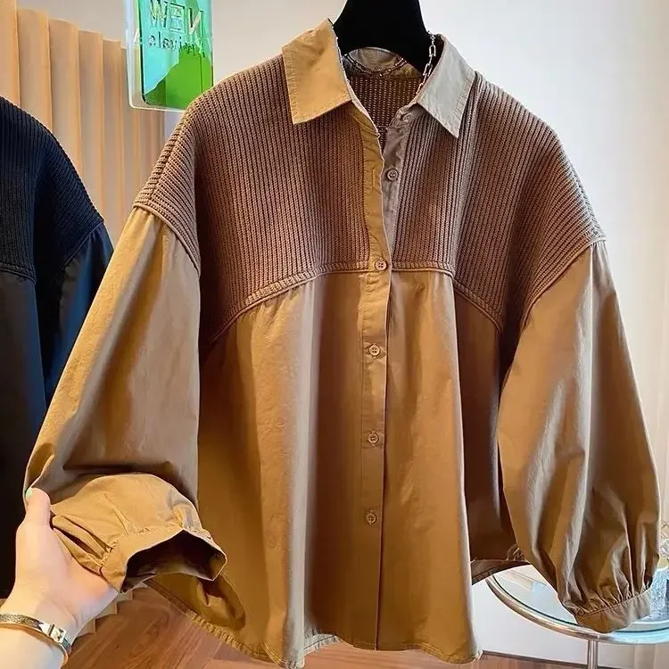 

Women Large Version Slimming Fat Mm Top Autumn European Design Niche Loose Casual Knitted Stitching Fake Two-piece Shirt