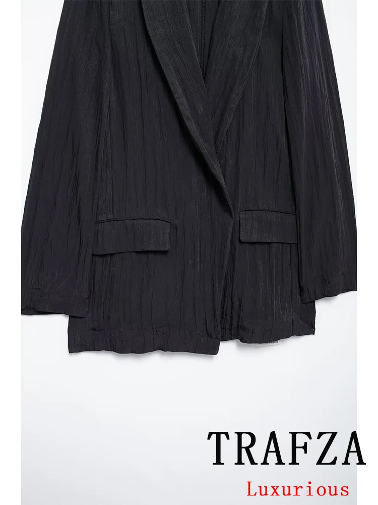 TRAFZA Vintage Casual Solid Women Suit Long Sleeve Pockets Blazer Loose Straight Wide Leg Pants Fashion 2024 Autumn Female Suit