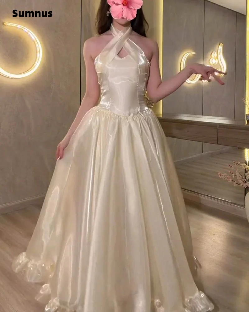 Sumnus Elegant A-Line Prom Dresses Ivory Silk Satin Halter Ruffle Draped Maxi Women Evening Dress vestidos gala Customized image 4