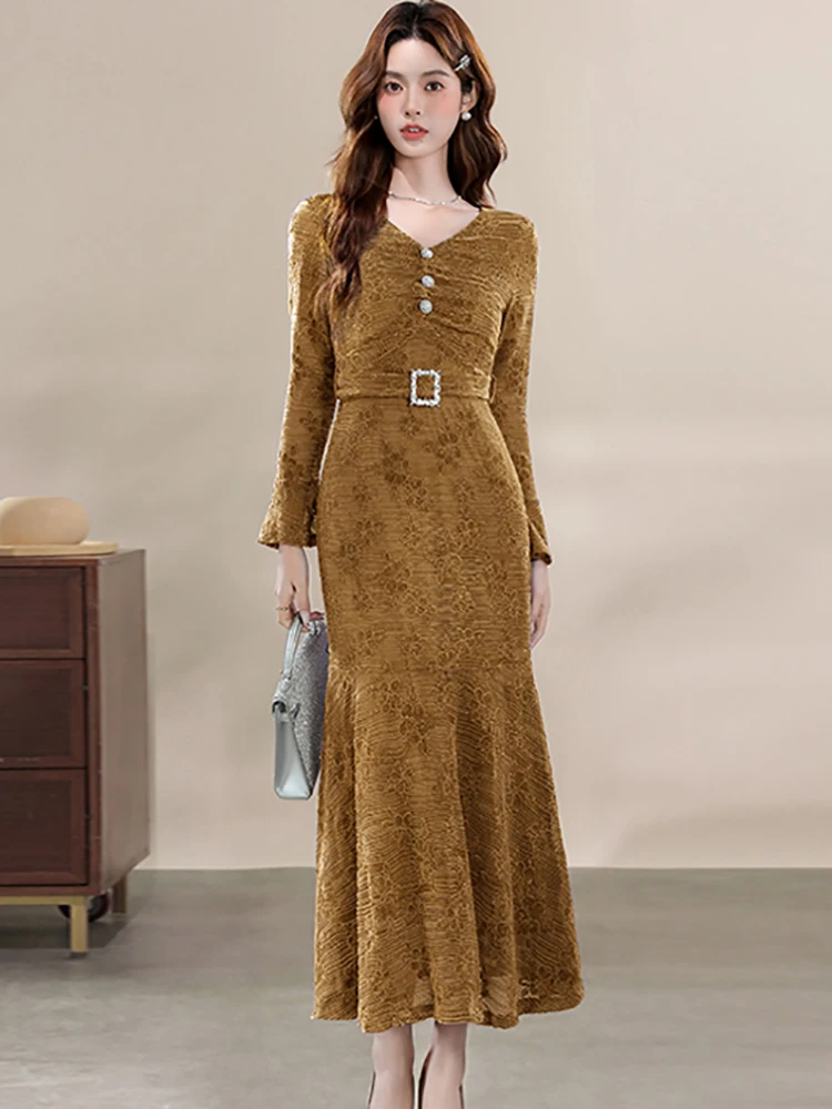 2025 Purple Lace Jacuqard Floral Bandage Dress Women Elegant Ruffled Luxury Long Dress Autumn Winter Korean Vintage Party Dress