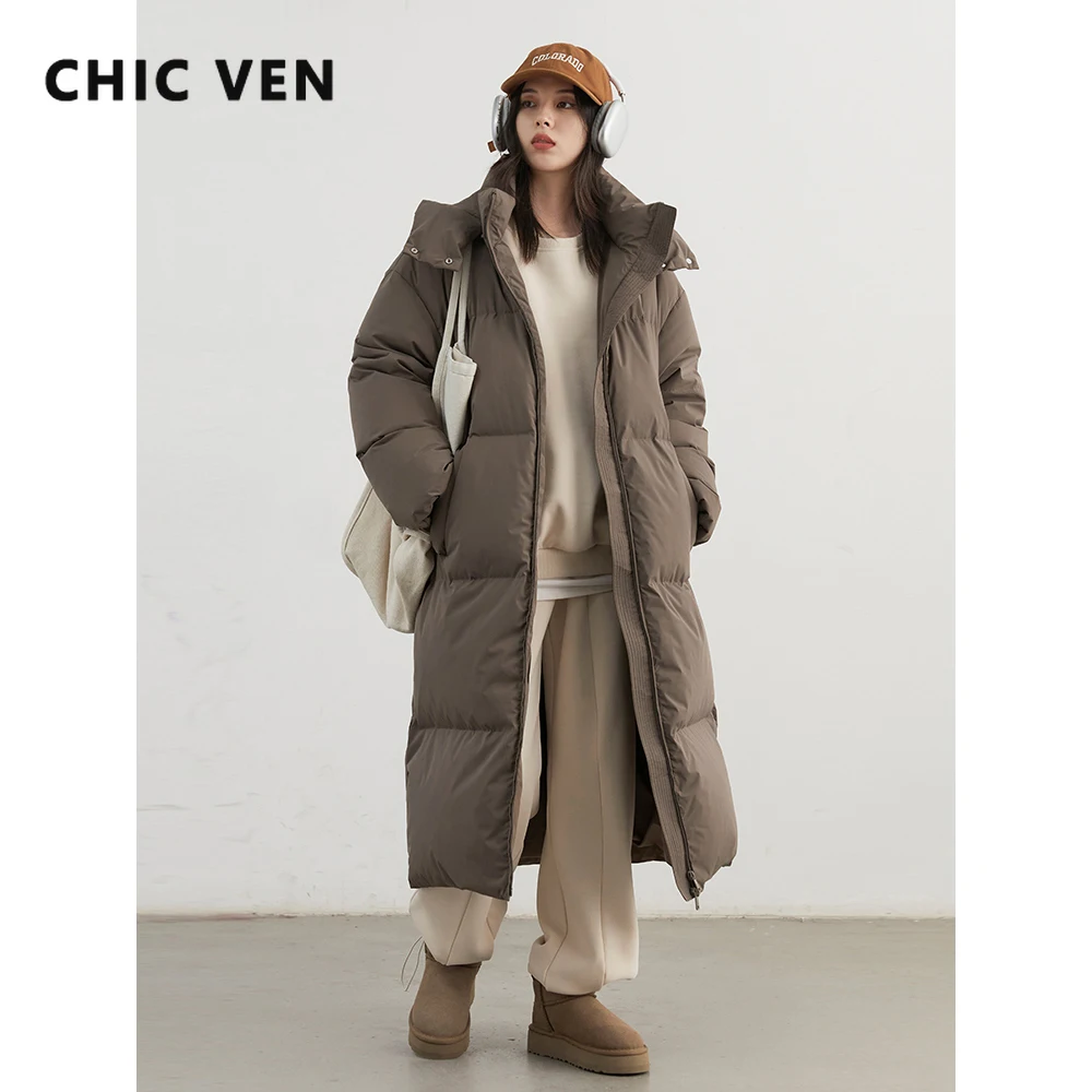 CHIC VEN Damskie płaszcze puchowe Moda Koreańska Luźny Krój Jednolity Kolor 90% Białe Puchy Kacze Kurtki Damskie Długie Ciepłe Ubrania Jesień Zima Nowość 2025