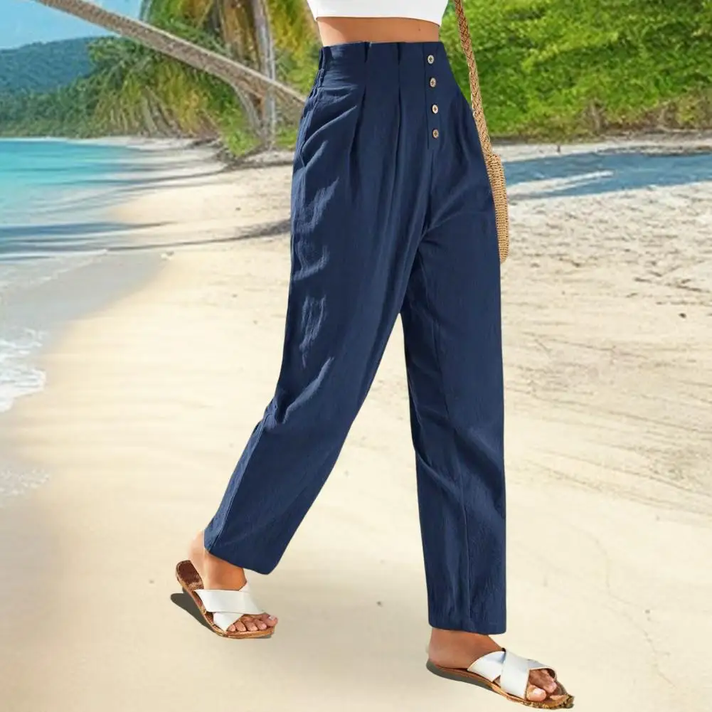 Women High Waist Buttoned Trousers Elastic Drawstring Waist Women's Pants With Button Decor Solid Color Harem For Spring