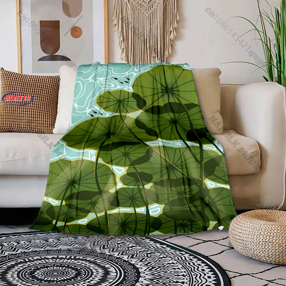 Lotus Leaf Pattern Print Flannel Throw Blanket for Sofa, Chair, Couch - Fluffy Warm Cozy Decorative Blanket for Adults and Kids