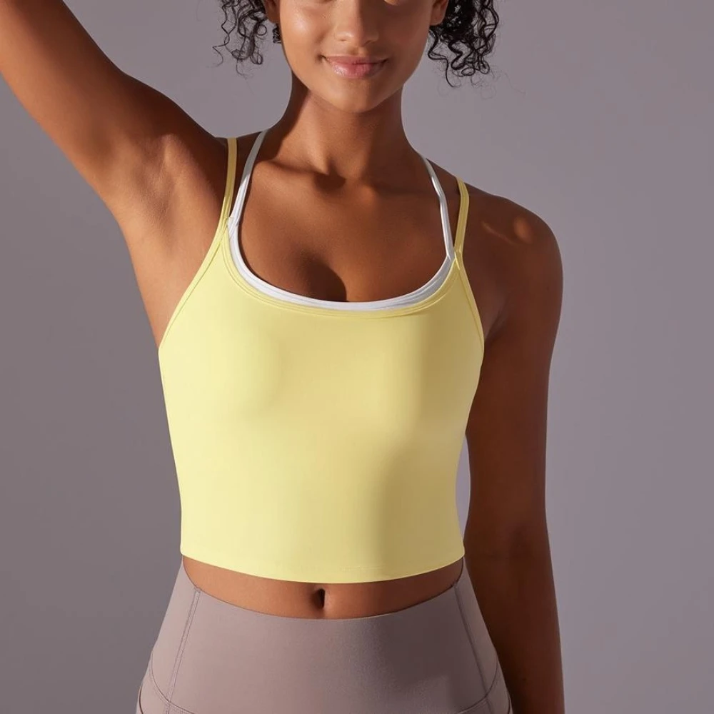 MIML Women's Cross-Back Double-Layer Nylon Sports Bra Color Block Sexy Running Fitness Yoga Activewear Underwear Crop Top