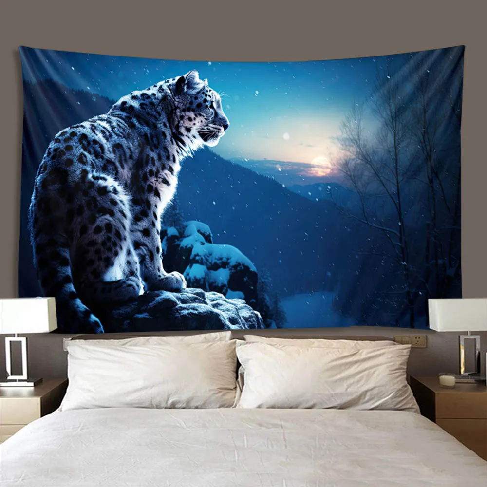 Mountain top snow leopard tapestry living room decoration cheetah background bedroom wall hanging cloth home aesthetics
