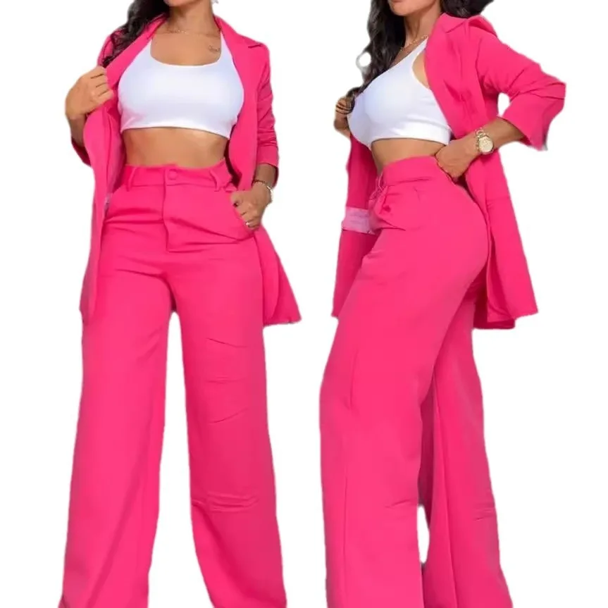 Ele Pure Color Split Sve irt Collar Suit Straight Leg Pants Set for Women Summer Faion Ensemble