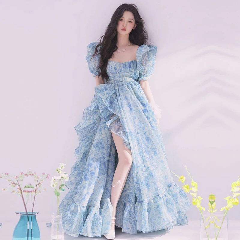 

Party Dresses 2023 Summer Short Puff Sleeve Blue Print Chiffon Women Floor-Length Overlength Princess Long Dress Female