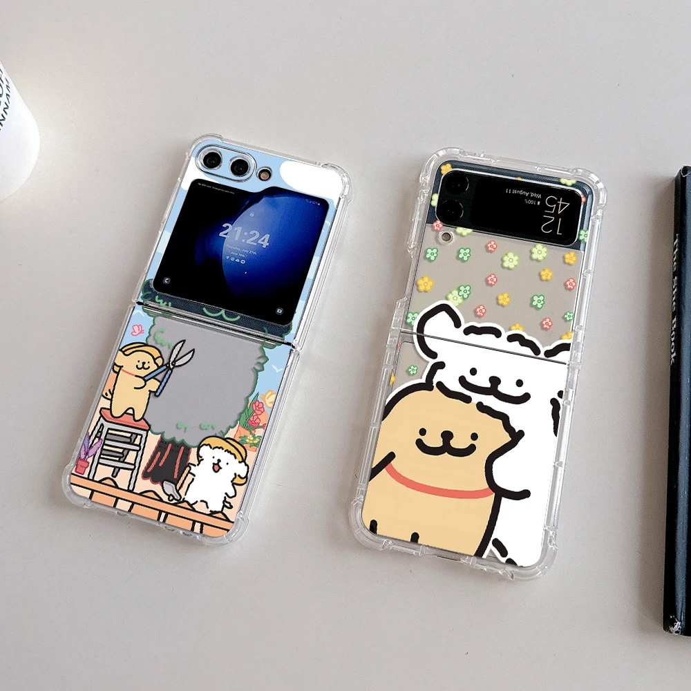 Cartoon Cute Korea line puppy Phone Case for Samsung Galaxy Z Flip 3 4 Z Flip 5 Z Fold 4 5G Couple PC Soft Anti-fall Back Cover