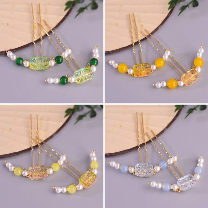 Vintage Chinese Hanfu Hair Pins Faux Pearl Glazed Beaded Hair Sticks Traditional Hair Accessories For Women Cosplay Daily Wear