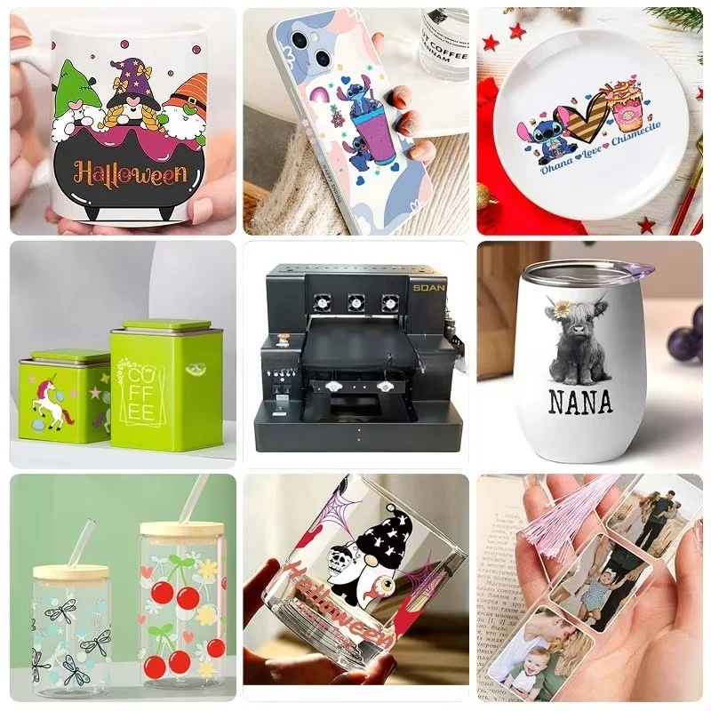 Multi Function A4 UV Inkjet Flatbed Machine Print Phone Case Glass Bottle Pen PVC Acrylic Ceramic Wood Metal UV Effect Printer