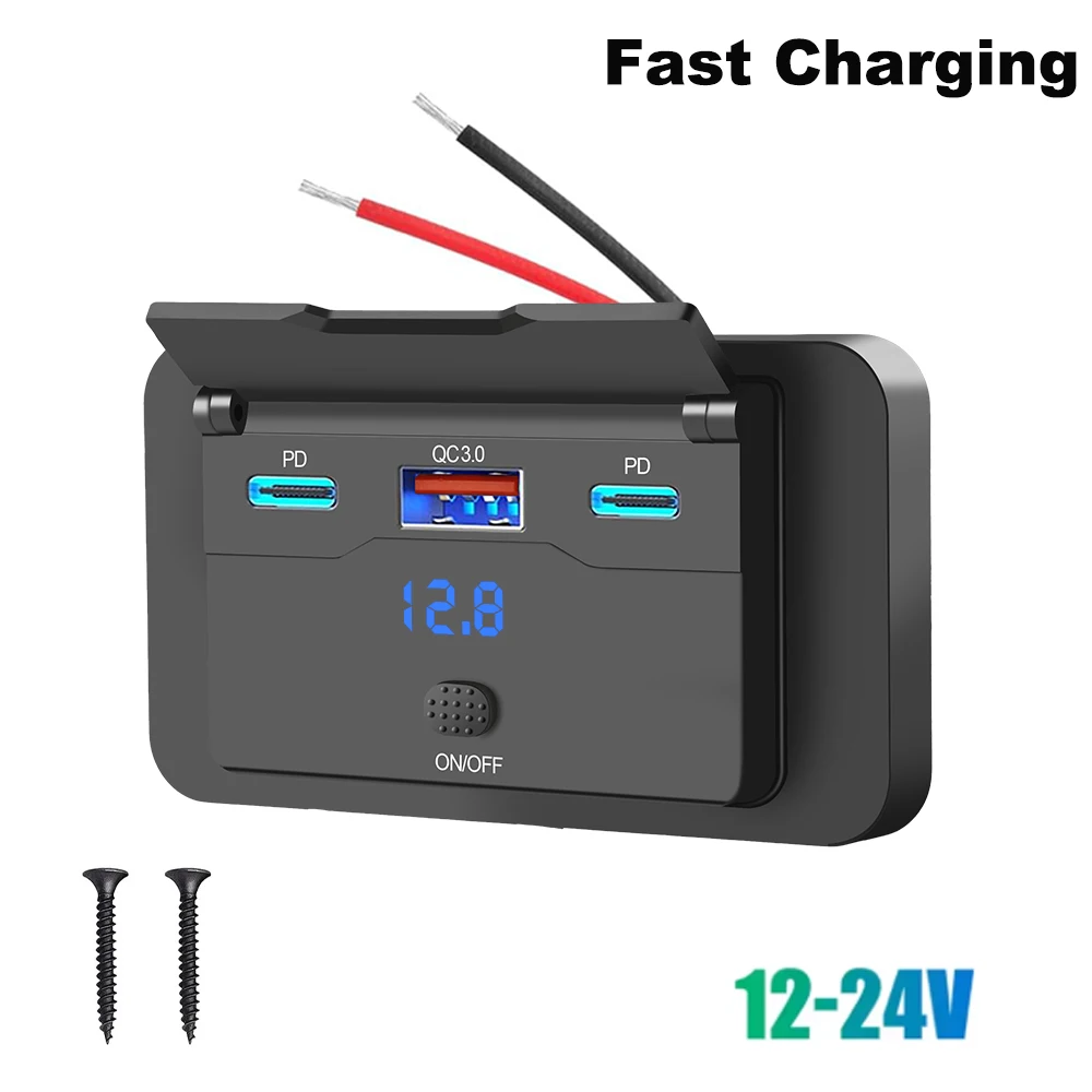 

Dual PD Dual QC3.0 with Switch & Voltmeter Fast Charging Charge Socket Waterproof 12V 24V Car Charger for Boat Motorcycle