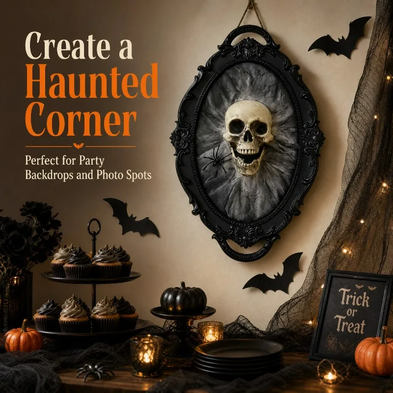 2026 New Halloween Retro Photo Frame Skull Decoration Painting Dark Goth Spider Skull Wall Horror Decoration