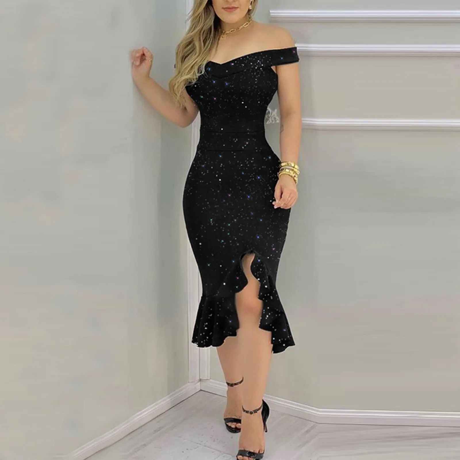 

Spring Summer Women Dress Glitter Off Shoulder Irregular Ruffles Slit Vestido Skinny Party Evening Gown Sexy Bodycon Dresses