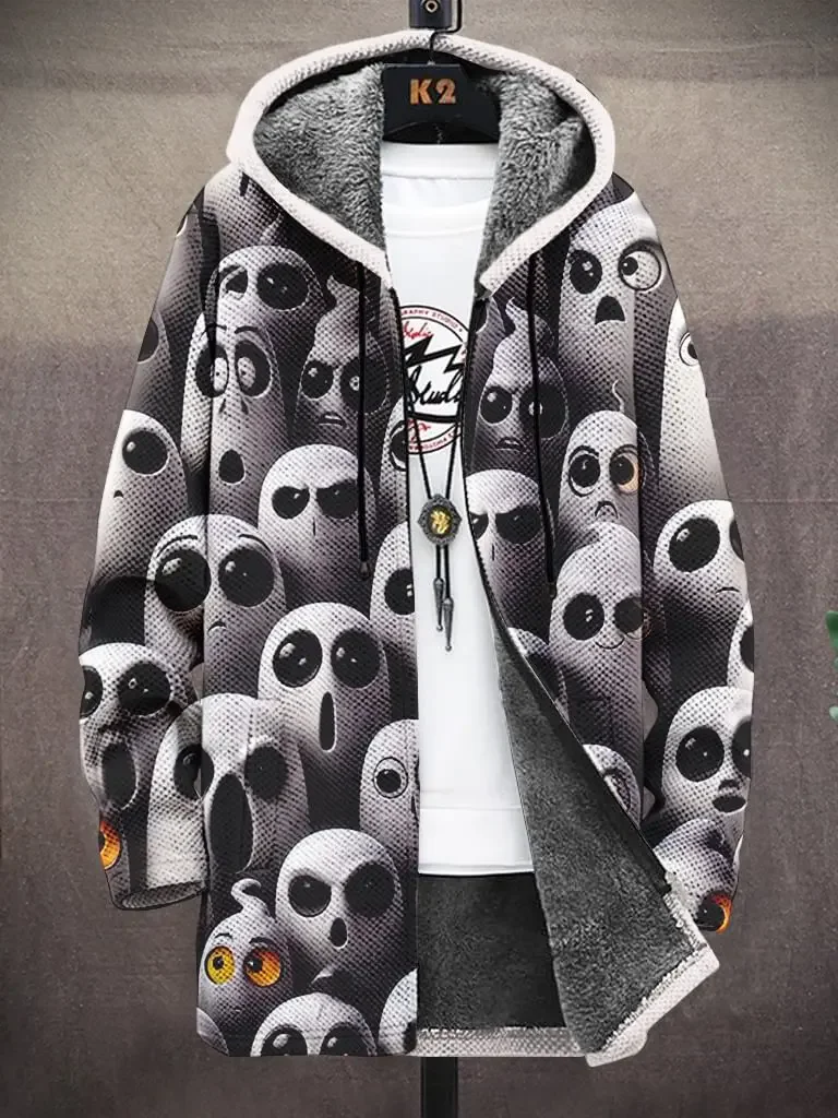 Men's Sea Wave Octopus Art Print Fleece Lined Hooded Trench Coat Cardigan Hoodies Fleece Lined Zipper Coats