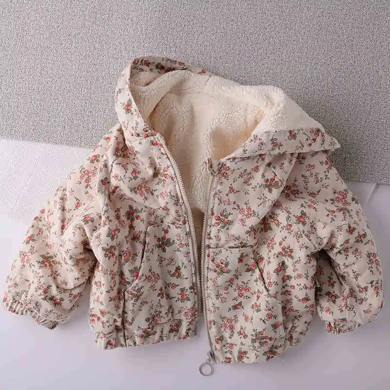 

Children's Winter Velvet Cotton Coat New Baby Girl's Sweet Flower Hooded Jackets Kids Thickened Warm Loose Outerwear 2025 New
