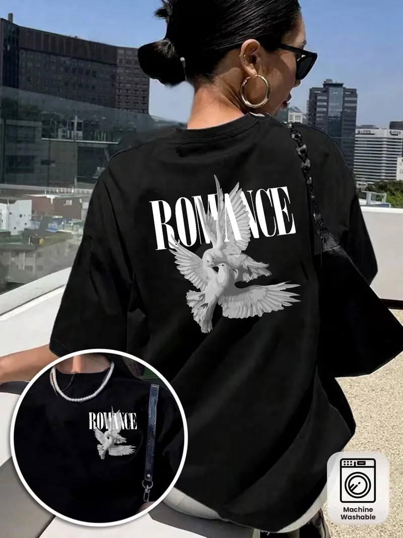 ROMANCE, Dove Print T-shirt Short Sleeve Crew Neck Casual Top for Summer Spring, Women's Clothing Lady's Tops Daily Streetwear