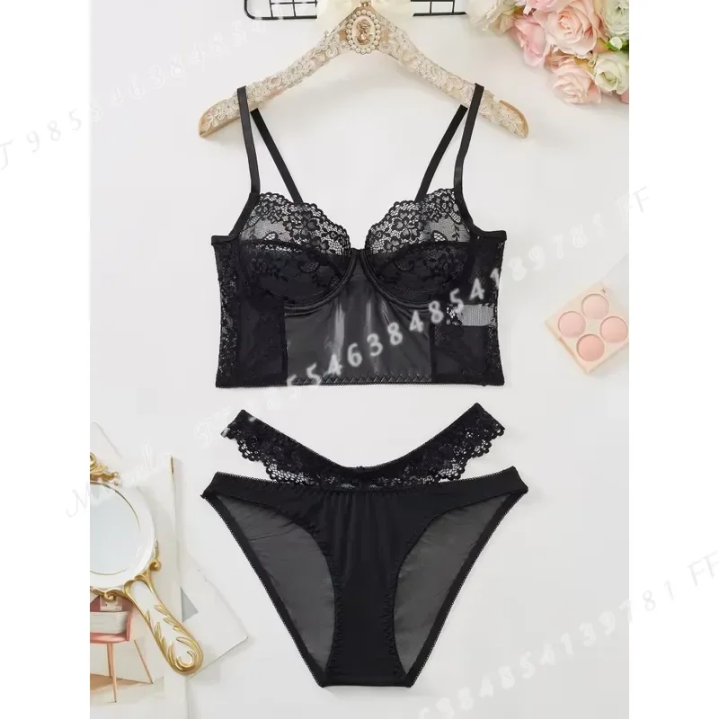 2Pcs Black Lace Bra Set French Style Women Breathable Mesh Underwear Elegant Ladies Ultra Thin Panties Set