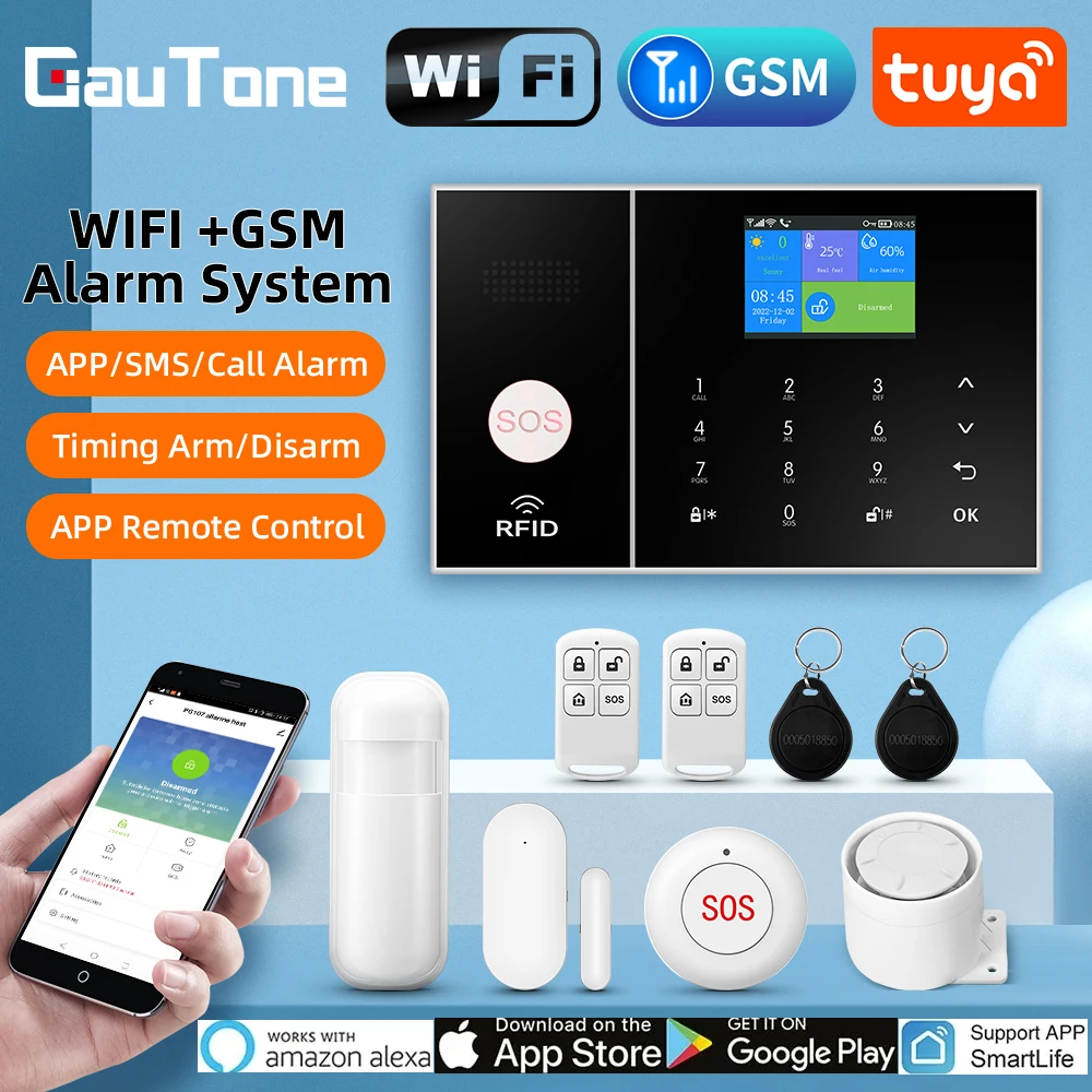 Gautone tuya casa inteligente gsm wi fi sistema de alarme segurança em casa vida inteligente controle app trabalho com alexa detector movimento