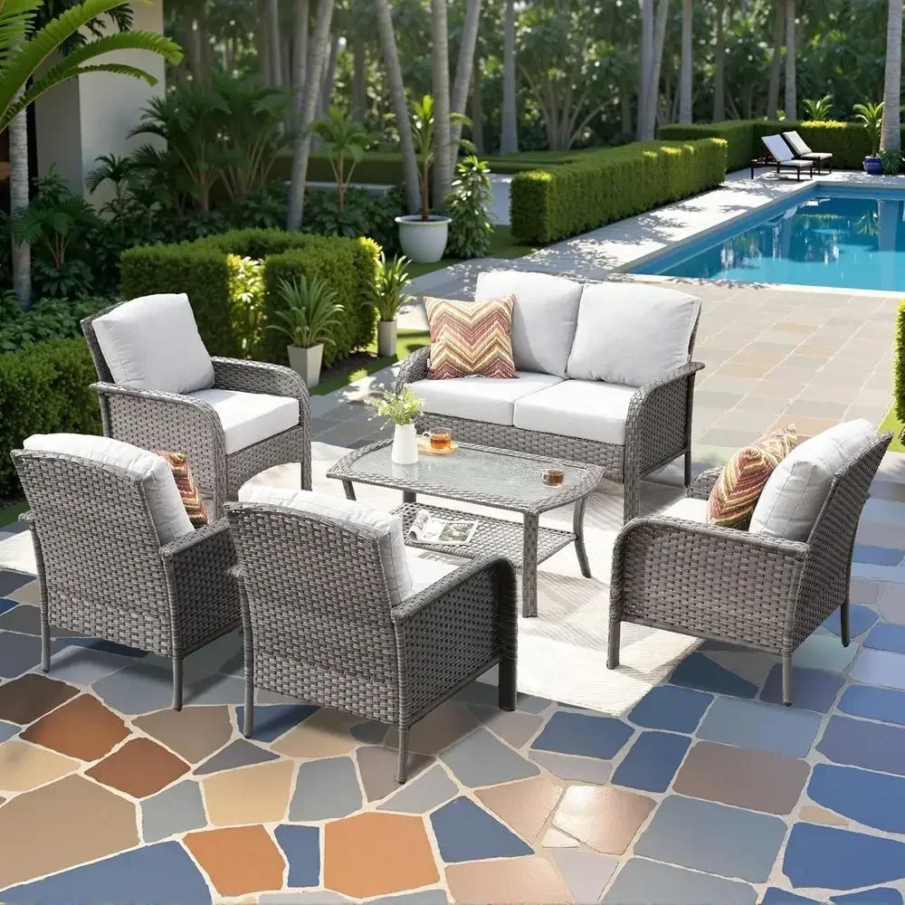 

6-Piece Outdoor Wicker Patio Furniture Set, Weather-Resistant Rattan Bistro Loveseat with Cushions and Metal Table (Grey)