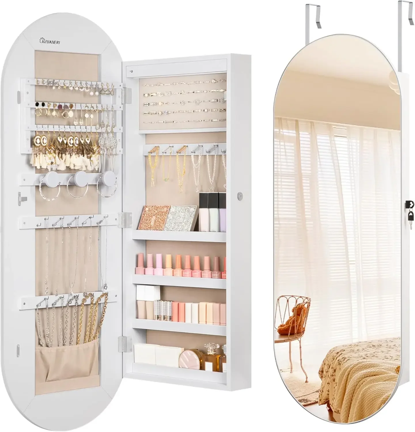 Round Wide Jewelry Organizer with Mirror, Wall or Door Mount, Indoor Jewelry Armoire for Bedroom, Closet, 16.5 x 3.9 x 42.5 Inch