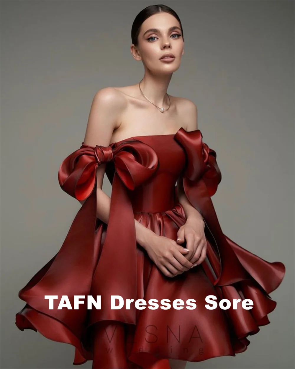 TAFN-Mini vestido de baile vermelho com alças ajustáveis, vestido de festa, linha A drapeada, vestidos de noite acima do joelho, com cordões personalizados