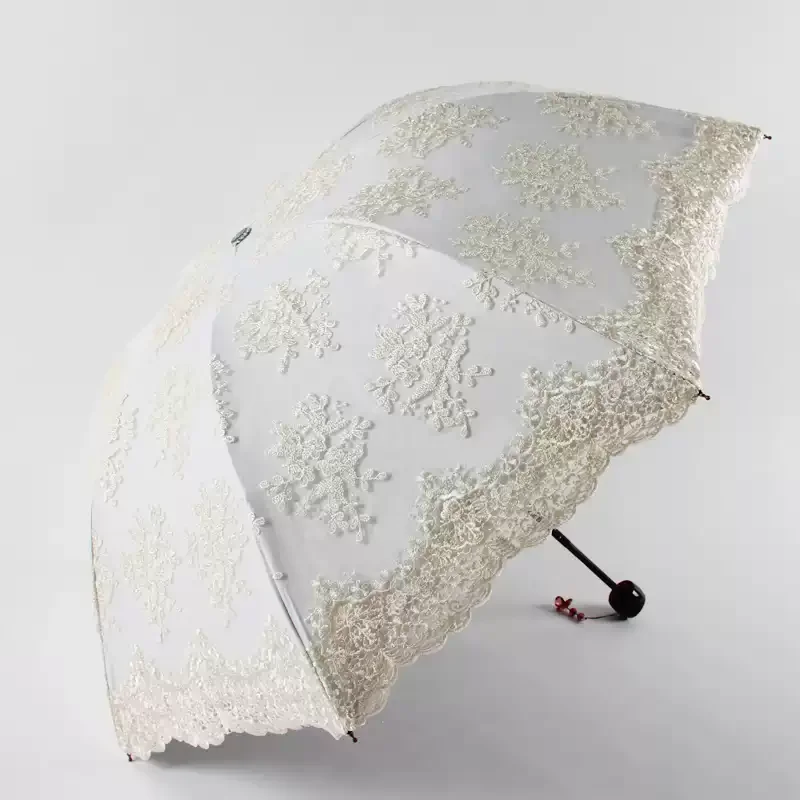 Lace Embroidered Sun Umbrella with UV Protection Black Coated Princess Parasol Mushroom Shape Rain Sun Umbrella Folding Sunshade